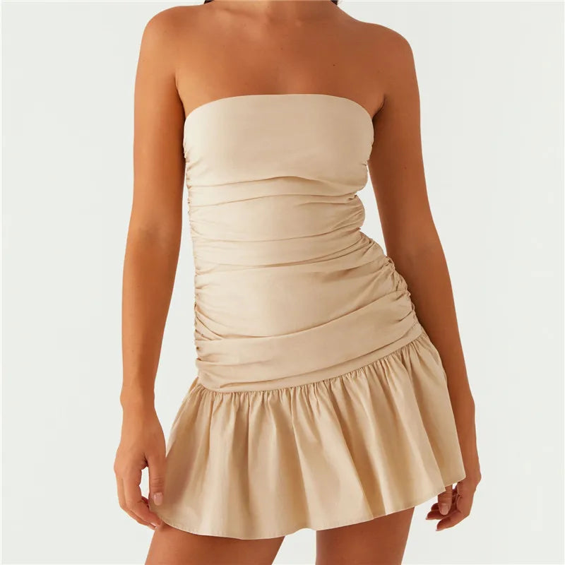 Cyflymder  Fashion Women's Ruched Tube Top Dress Vintage Holiday Strapless Sleeveless Slim Fit Flare Dress Summer Clubbing Dress