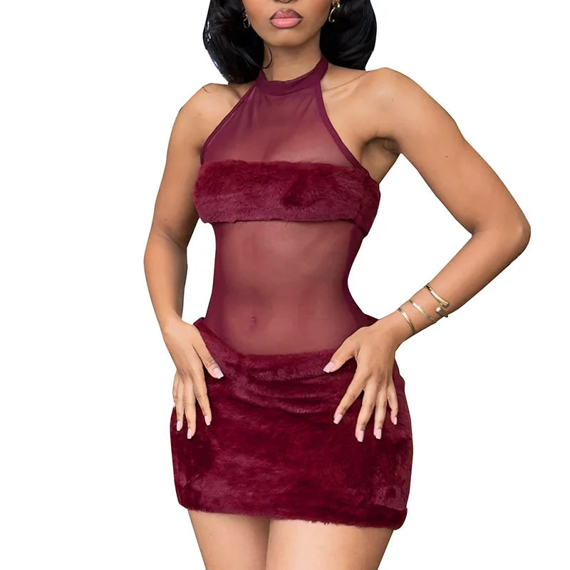 Cyflymder  Sexy Me See-tough Patchwork Fur Bal Svel High-waisted Autumn Winter D25DS357 Cross-border Floral Dress