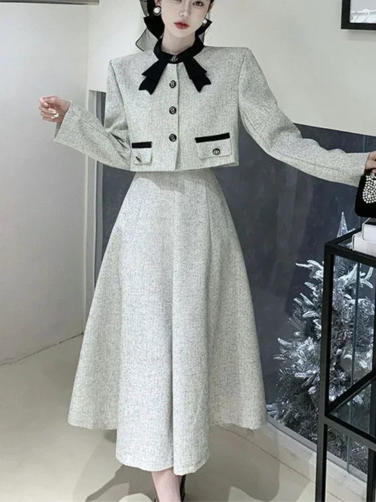 Cyflymder Autumn Vintage Elegant 2 Piece Dress Set Women Korean Fashion Casual Party Suits Female Chic Long Sleeve Tops +Solid Skirt