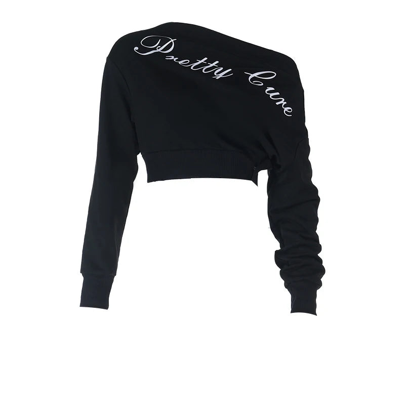 Cyflymder  Fashion Contrasting Irregular Diagonal Collar Full-sleeved Off Shoulder Letter Print Casual Loose Pullover Tops Hottie Wear
