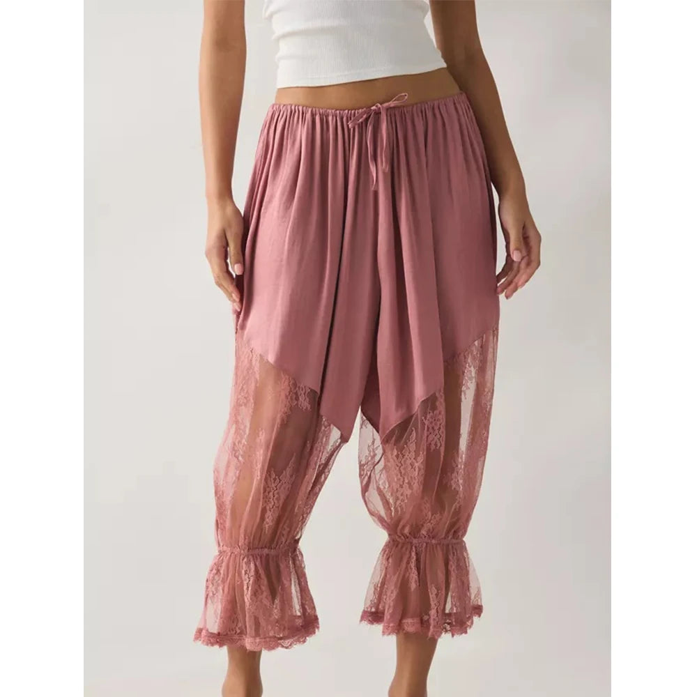 Cyflymder  Women Lace Trim Bloomers Pants Drawstring Waist Long Pants Ruffle Patchwork Cropped Lounge Pants Pettipants Y2k Steetwear