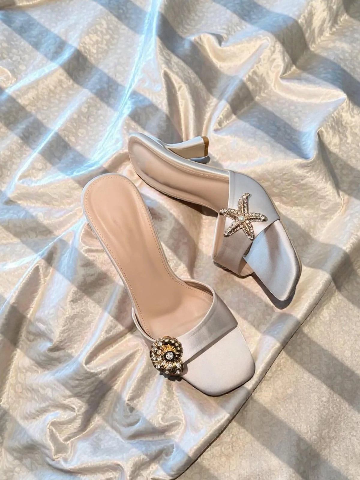 Cyflymder  Thai Rhinestone Square Toe High Heel Sandals Women Summer Outdoor Block Heel Gorgeous Satin Slides Premium Footwear