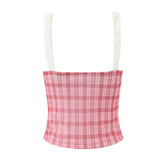 Cyflymder  2 pieces 1 set 2025 Sexy Mesh Plaid Contrast Color Elastic Strap Camisole Tank top + Ruched Low Waist Mini Shorts Skinny Suits