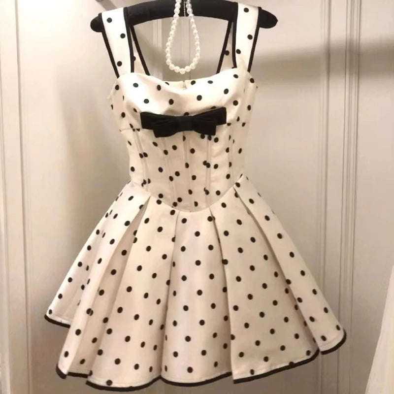 Cyflymder  Elegant Polka Dots Mini Dress Women Party Bow Straps Pleated Dresses Summer Fashion Korean Fairy Cute Bodycon A Line Vestidos