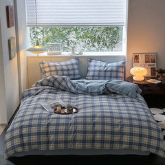 Cyflymder Simple Grid Printing Bedding Set Cozy Skin Friendly Fitted Sheet Kit for All Seasons King Queen Double Size Bedroom Decor