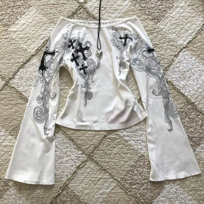 Cyflymder Japanese Vintage Gothic Subculture T-Shirts Women Harajuku Punk Pattern Print O Neck Long Sleeve Slim Tees Y2k Streetwear Tops