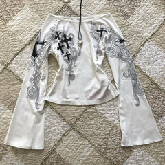 Cyflymder Japanese Vintage Gothic Subculture T-Shirts Women Harajuku Punk Pattern Print O Neck Long Sleeve Slim Tees Y2k Streetwear Tops