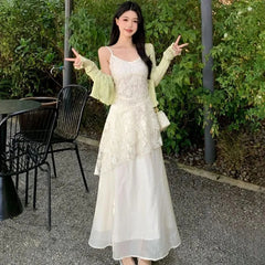 Cyflymder  French Elegant Camis Dress for Women Fashion Lace Patchwork Irregular Midi Dress Summer New Beach Vacation Embroidered Vestidos
