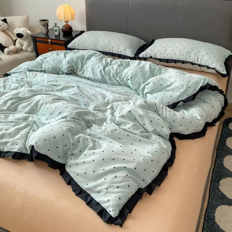 Cyflymder  INS French Style Floral Simple Black Lace Double Layer Gauze Bedding Set Washed Cotton Bed Sheet Fitted Sheet Fresh Quilt Cover
