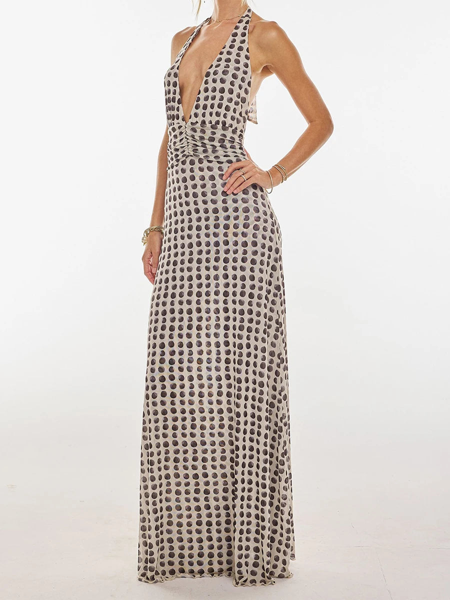 Cyflymder  Elegant Floral Print Maxi Dress Sleeveless Halter Neckline with Open Back Women s Summer Party Gown in Polka Dot Pattern