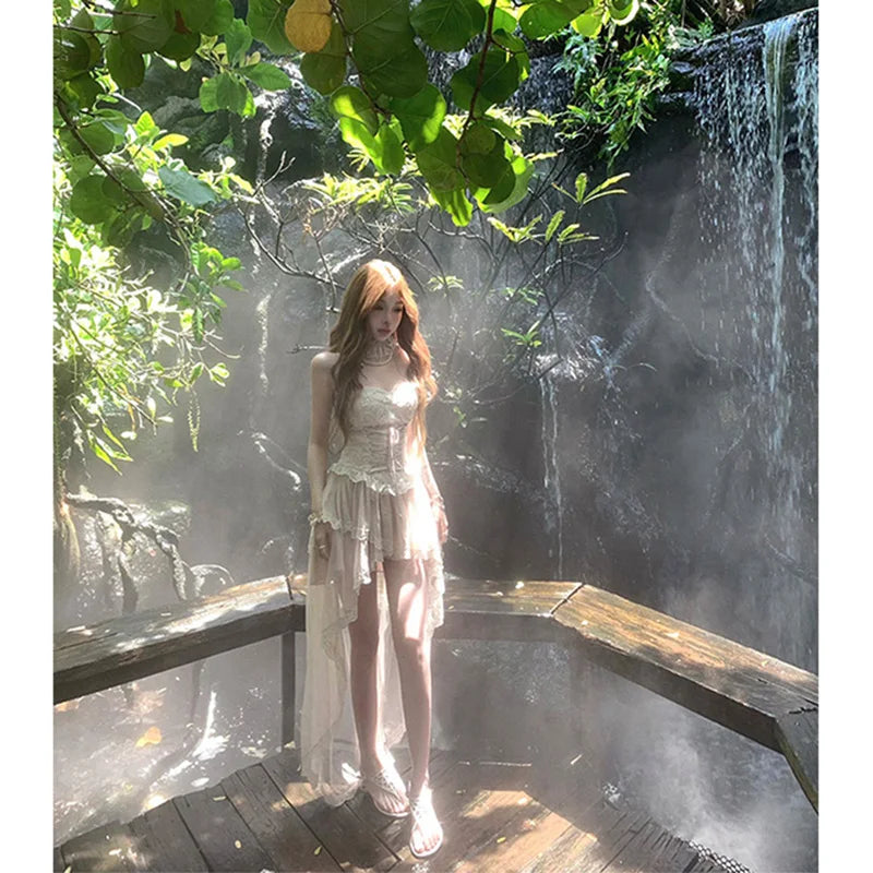 Cyflymder  Y2K Irregular Midi Dress Women Fashion Party Sexy Lace Strapless Dresses Summer Fairy Korean Bandage Bodycon Design Vestidos New