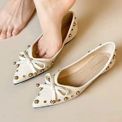 Cyflymder  Comfort Soft Leather PU Pointed Toe Flat Shoes Women Pearl Rivet Bowknot Design Elegant Dress Pumps Concise Lightweight Loafers