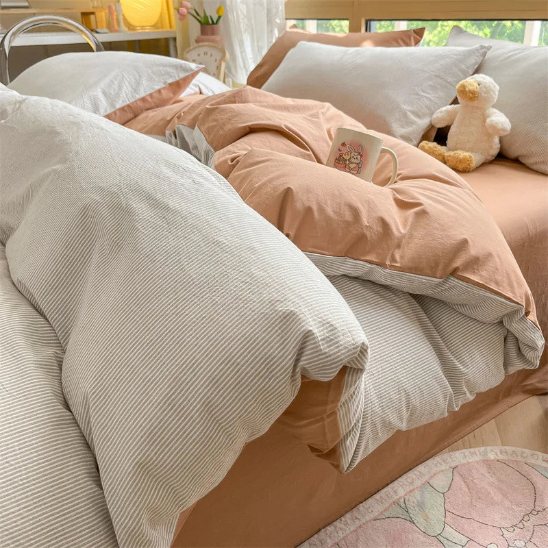 Cyflymder  Class A 100% Cotton Striped Bedding Sets Yarn Dyed Washed Cotton Breathable Duvet Cover Kit Single Bedclothes for All Seasons