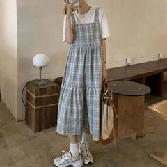 Cyflymder  Preppy Style Plaid Matching Sets Women's Clothing Two Piece Set Summer Short Sleeve Loose A-Line Vintage Spliced Long Dress Sets