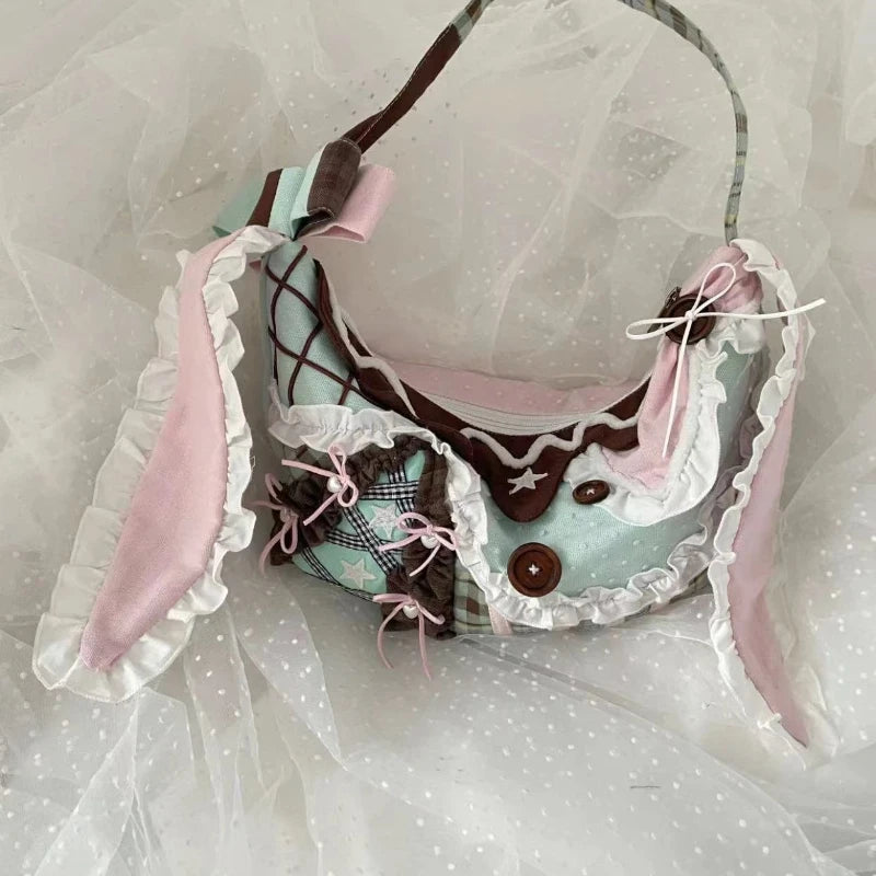 Cyflymder  Harajuku Y2k Aesthetic Ins Underarm Bag Women Contrast Color Plaid Rabbit Ear Canvas Bag Grunge Patchwork Lace Shoulder Handbags