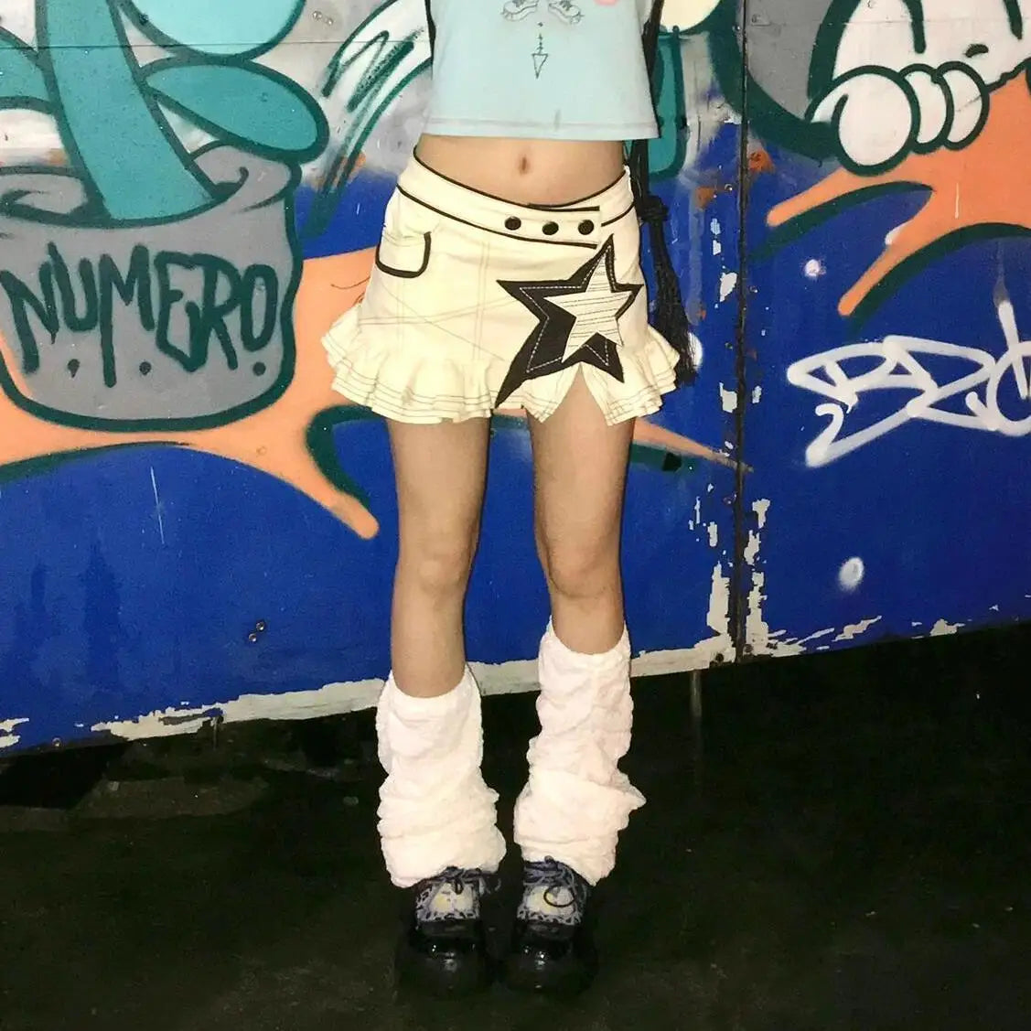 Cyflymder  American Washed Star Patch Lace Denim Skirt Spice Girls Ballet Slits A Word Skirt