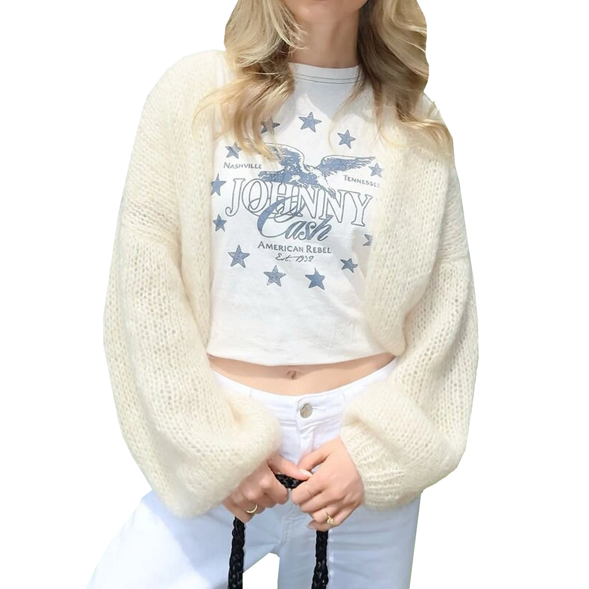 Cyflymder  Women s Cozy Knit Sweater Long Puff Sleeve Open Front Solid Color Cardigan Winter Jacket with Faux Fur Trim