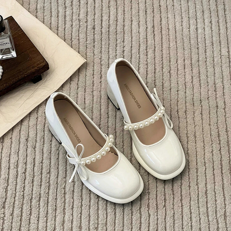 Cyflymder  Shoes Woman Flats Oxfords Shallow Mouth Pearl Decorateion Dress Leather Summer Beading On Heels New Mary Janes High Pumps