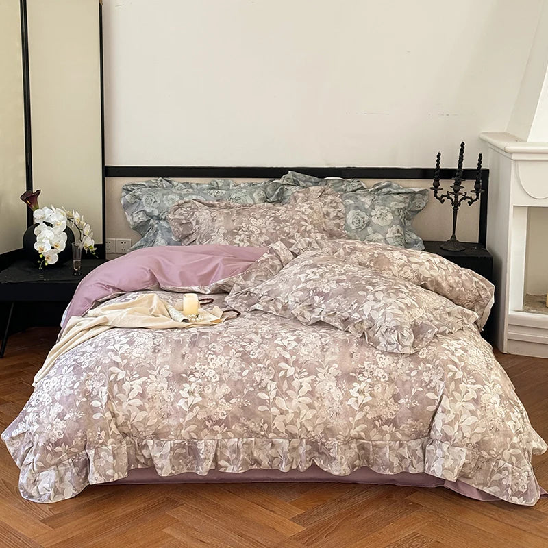 Cyflymder  Romantic vintage pastoral flower bedding set,queen king size french floral cotton home textile bed sheet pillow case quilt cover