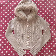 Cyflymder  Cute Slim Pink Sweet Y2K Women's Clothing Faux fur trim hood Sweater Playful Coquette Soft Knitwear Cable Knit Hooded Cardigan
