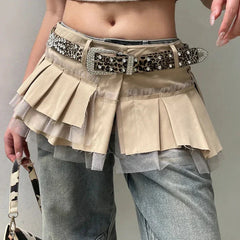 Cyflymder Fairycore Grunge A-line Cargo Skirt Khaki Low-waisted Mesh Patchwork Pleated Super-short Skirts Layering Bottoms Street