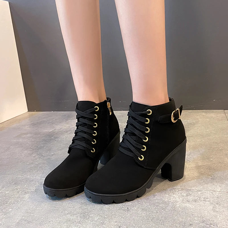 Cyflymder Boots Women Shoes Women Fashion High Heel Lace Up Ankle Boots Ladies Buckle Platform Artificial Leather Shoes bota feminina