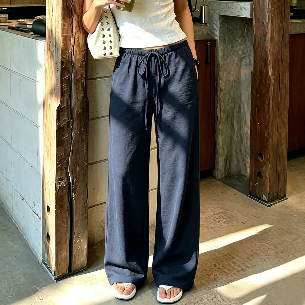 Cyflymder  Solid Color Drawstring Long Pants Mid Waist Ankle-length Loose Fit Fashion Straight Casual Trousers Street Daily Outfit