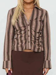 Cyflymder  Women s Casual  Fit Button Down Shirt with Stylish Striped Lapel and V Neck Design Perfect for Fall Season