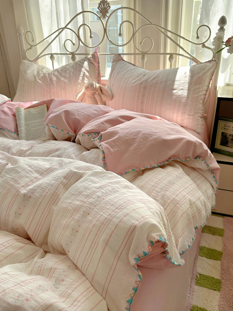 Cyflymder  100% Cotton Yarn-dyed Jacquard Floral Bedding Set Single Queen King Size Duvet Cover Bed Sheet/Fitted Sheet Pillowcases 3/4Pcs