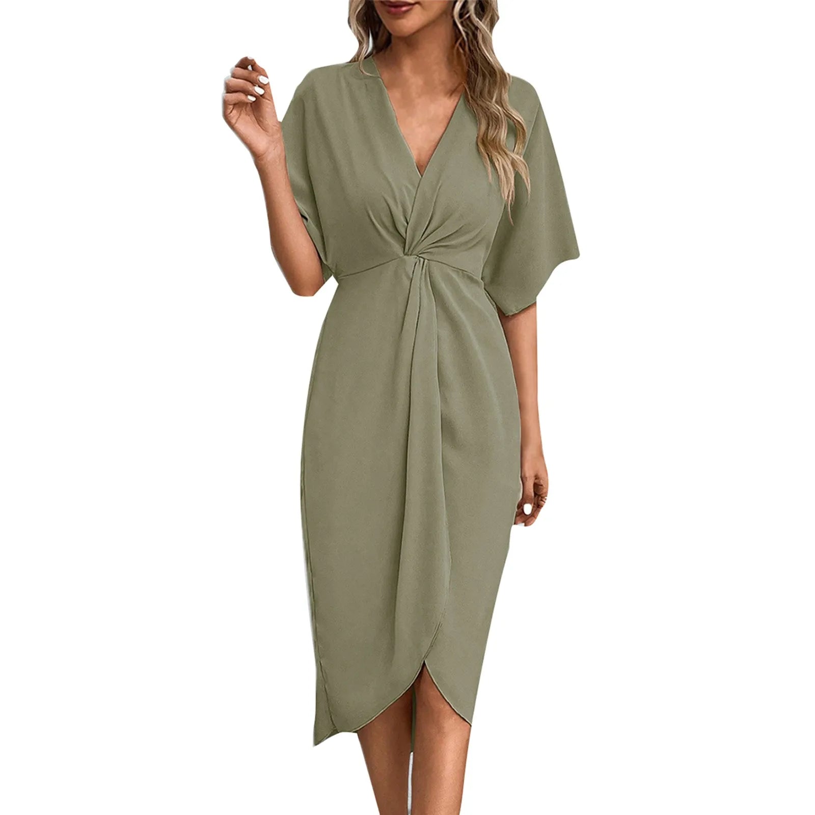 Cyflymder  V-neck Irregular Pleated Casual Temperament Short Sleeve Dresses Temperament Commuter Wrap Type Kinky V-neck Dresses ropa mujer