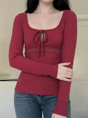 Cyflymder  Sweet All Match Solid Square Collar Long Sleeve Lace Patchwork Slim T-Shirts