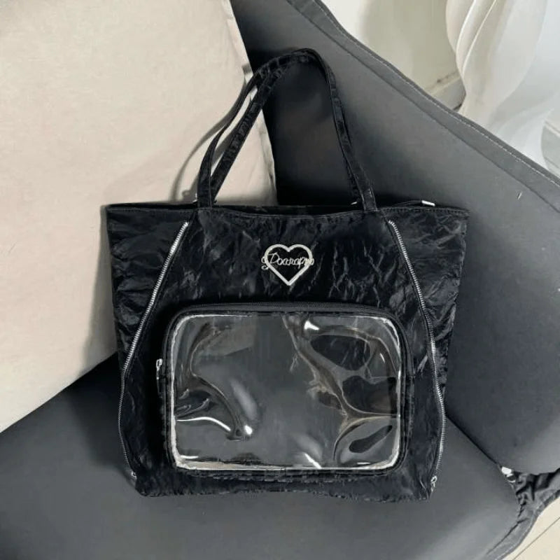 Cyflymder  Transparent Fashion Heart Tote Bag All Match Simple Y2k Aesthetic Women Handbags Vintage Casual High-capacity Shoulder Ita Bags