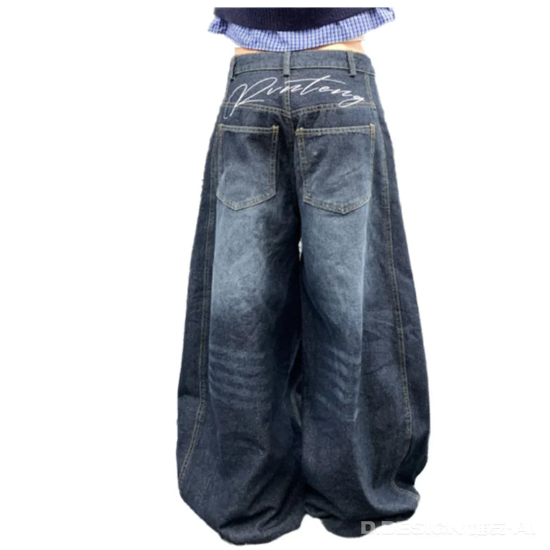 Cyflymder  Vintage Harajuku Women Jeans Washed Letter Embroidery Baggy Wide Leg Scimitar Denim Pants Streetwear