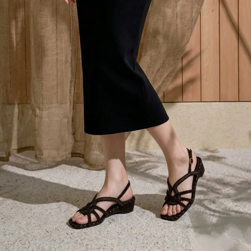 Cyflymder  Women's summer outdoor sandals, vacation style, square toe, woven straps, open toe, chunky heel Roman sandals