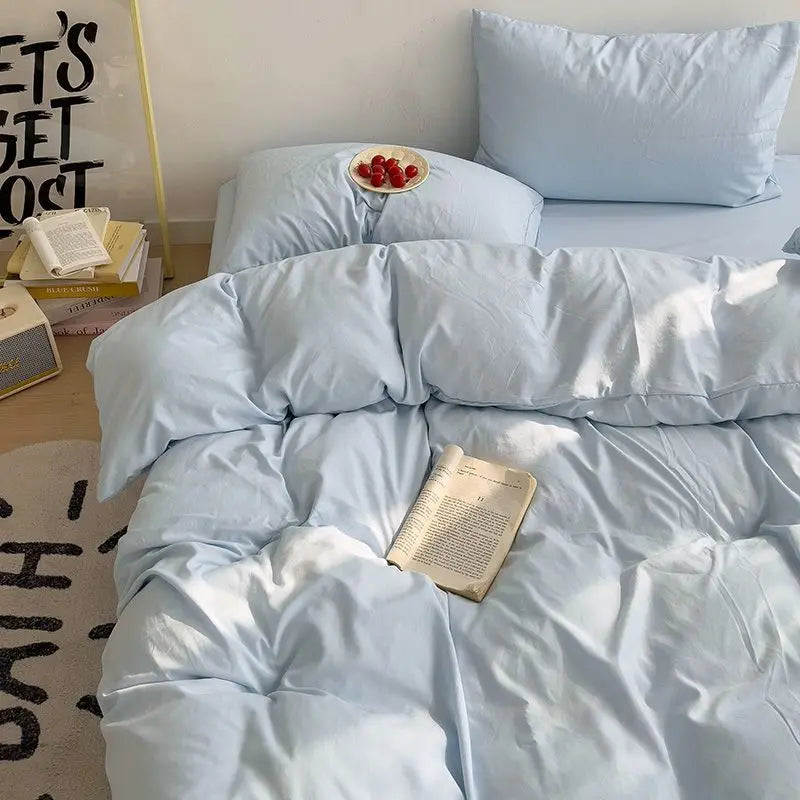 Cyflymder  INS Korean Style Fresh Blue Duvet Cover Washed Cotton Bed Sheet Bed Skirt Four-Piece Set Dormitory Simple Solid Color