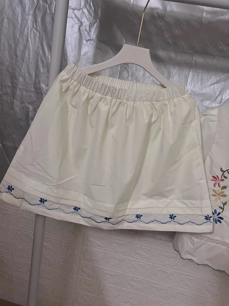 Cyflymder  2 Piece Sets Women Outfit Kawaii Lace Floral Embroidery Short Sleeve Shirts Vintage Cute Mini Skirt Summer New In Matching Sets