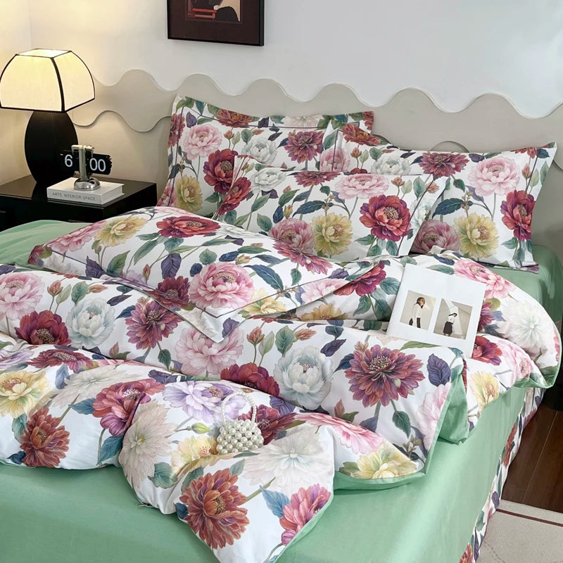 Cyflymder  100% Cotton Flowers Print Luxury Bedding Set Single Double Queen King Size Duvet Cover Flat/Fitted Bed Sheet Pillowcases 3/4Pcs