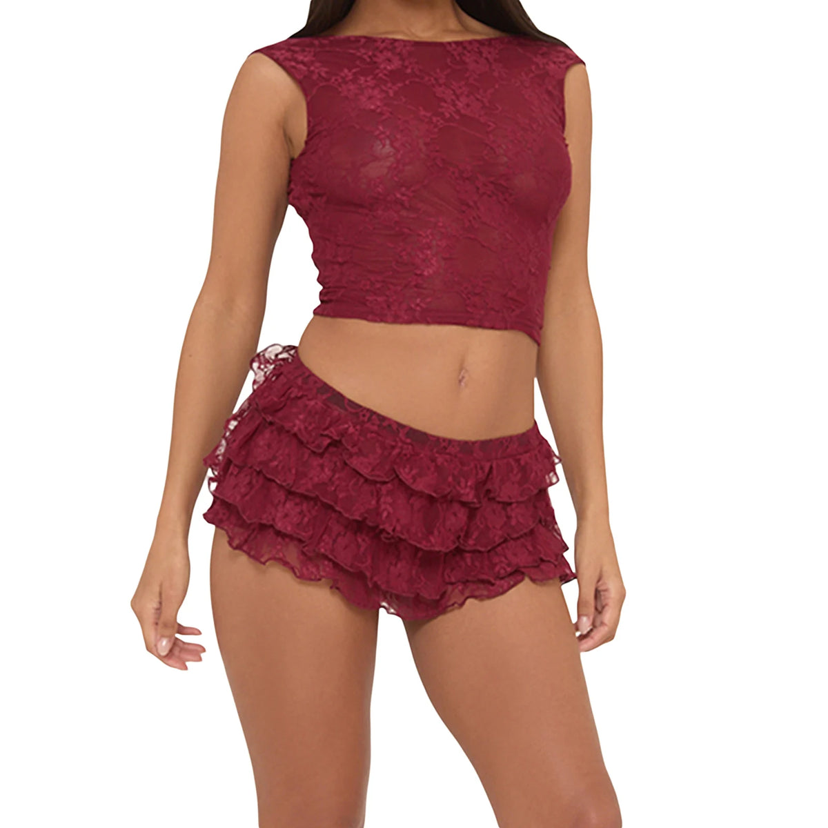 Cyflymder  Women s Sleeveless Lace Tank Top and Tiered Shorts Lounge Set with O Neck - 2 Piece Outfit