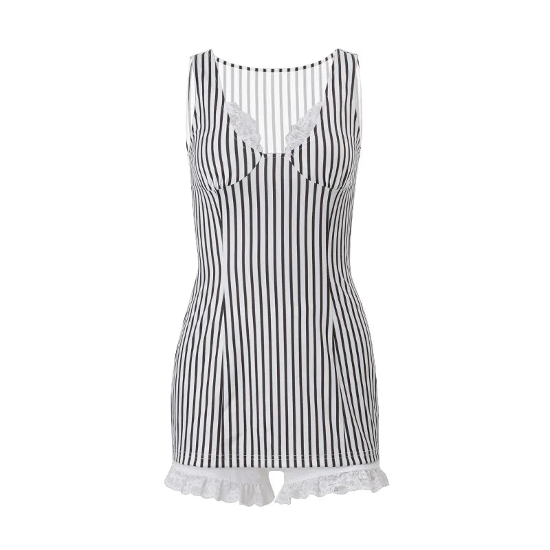 Cyflymder  y2k 2 Piece Set Women Summer Stripe Print Sleeveless Lace Trim V Neck Mini Bodycon Dress with Shorts 2000s Streetwear