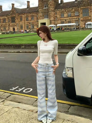 Cyflymder  Y2K Gradient Stripe Jeans Medium High Waist Vintage Straight Casual Long Pants Summer Dopamine Korean Design for Women