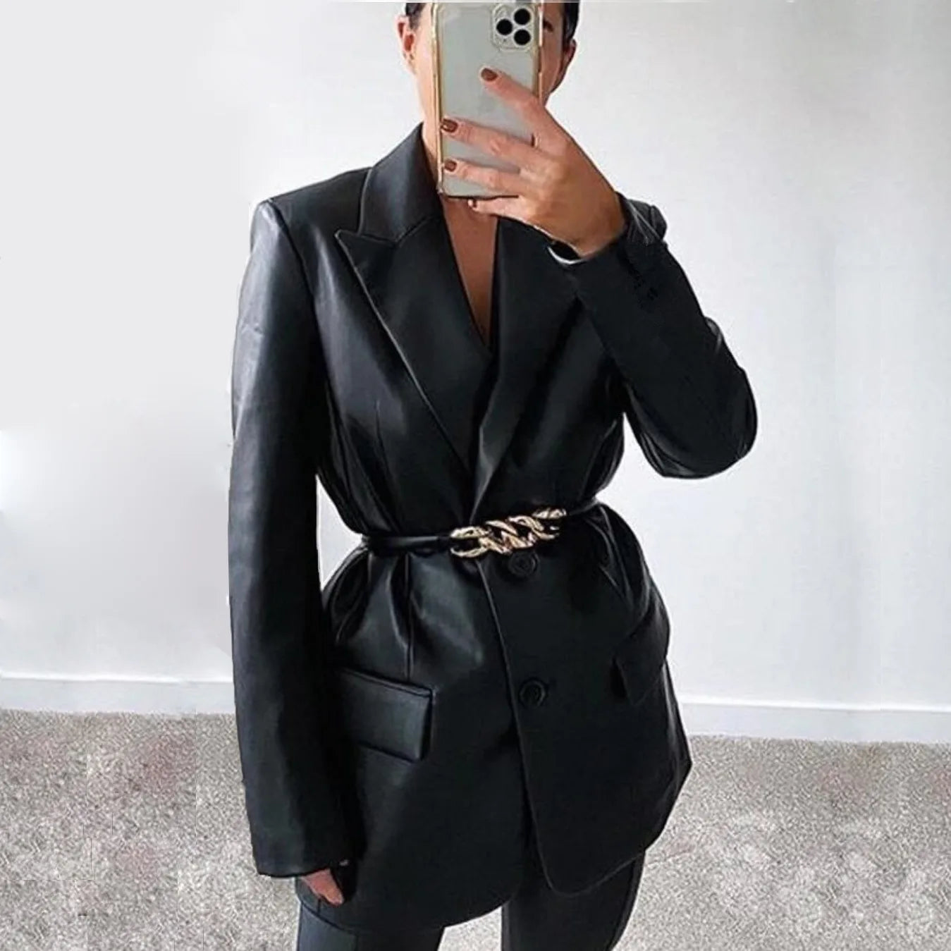 Cyflymder  Faionable Casual Women's Loose Long Pu Leather Jaet Autumn Winter New Sle Leisure Suit Collar Top Outerwear Coat