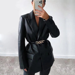 Cyflymder  Faionable Casual Women's Loose Long Pu Leather Jaet Autumn Winter New Sle Leisure Suit Collar Top Outerwear Coat