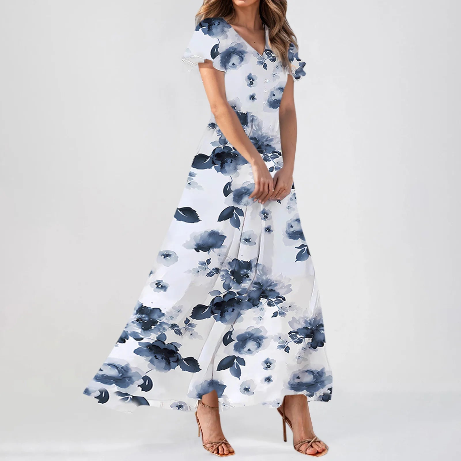 Cyflymder  Summer Beach Style Women'sFloral Dresses Casual Short Sleeve Maxi Long Shirts Floral Maxi Dresses Wedding Guest Flowing Dresses