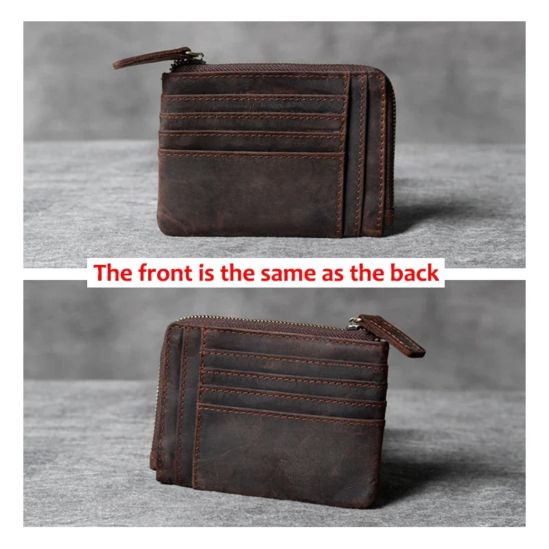 Cyflymder Handmade Vintage Crazy Horse Leather Mens Designer Wallet Slim Zipper Coin Bag ID VIP Credit Card Holder Small Simple Pouches