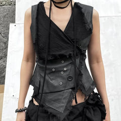 Cyflymder  New Euramerican Gothic High Street Punk Turn Down Collar Sleeveless Vest Lrregular Punk Buttons Slim Tops Spliced Retro Tank Top