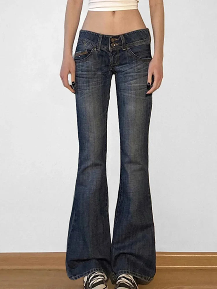 Cyflymder  Low Waist Washed Slim-Fit Flared Jeans Women Autumn Stretch Denim Pants Sexy Euro Chic Casual Trousers Vintage All-Match Bootcut