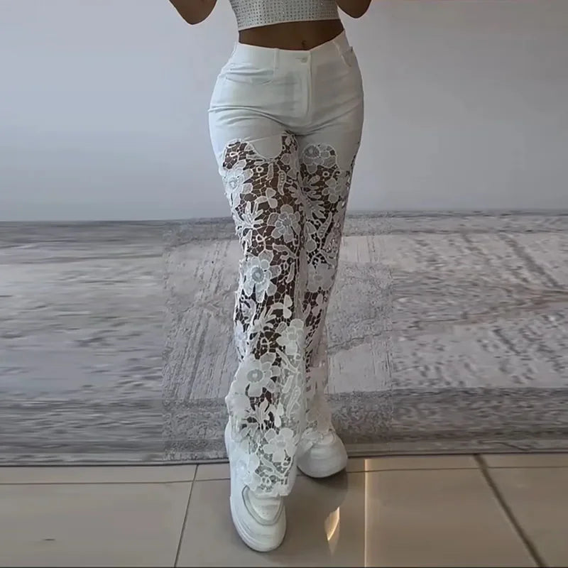 Cyflymder  Retro Lace Patchwork Women Blue Denim Pants High Waist Wide Leg Baggy Jeans Chic Y2k Fashion Casual Elegant High Street Trousers
