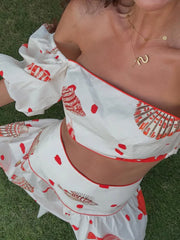 Cyflymder  Off Shoulder Puff Short Sleeve Printed Top Cropped High Waist Long Skirt Summer Vacation Women Top Trendy Chic Lady Blouse