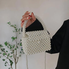 Cyflymder Pearl Crossbody Bags for Women Small Coin Wallet Handbag Handmade Woven Ladies Phone Tote Hand Shoulder Bag