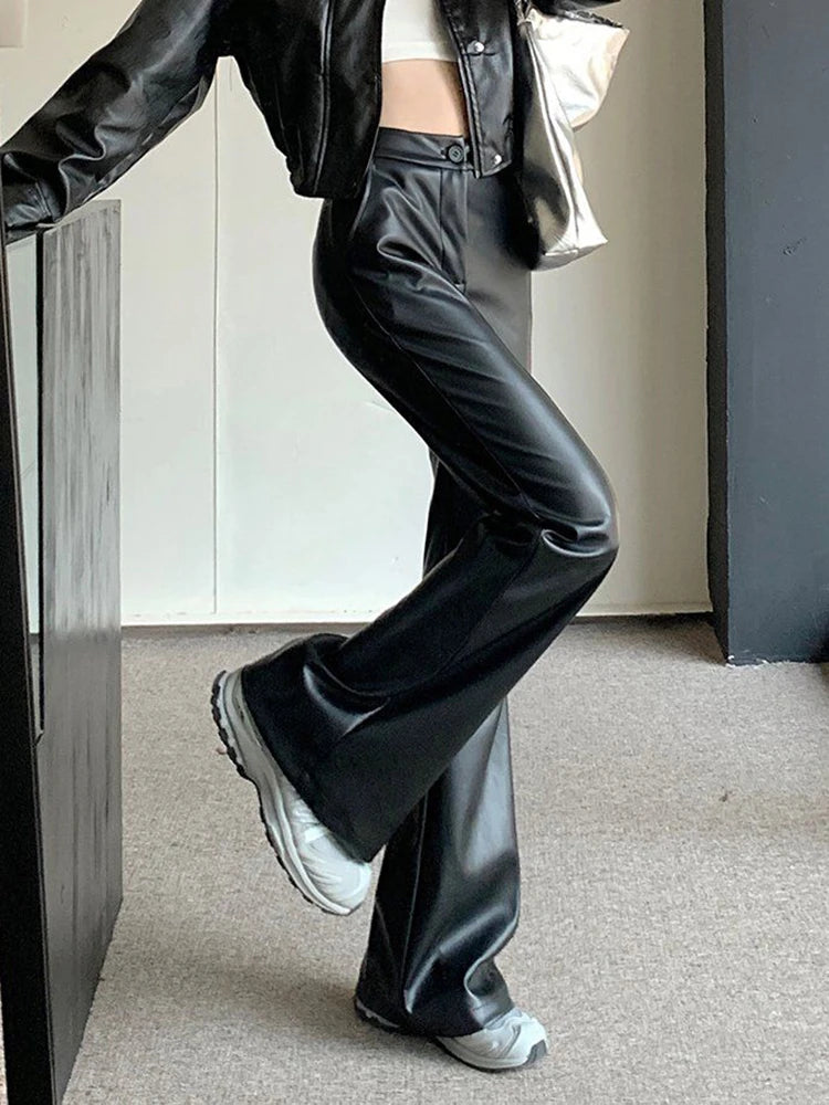 Cyflymder  Streetwear Moto Pu Flare Pants Women High Waist Slim Vintage Trousers Harajuku Casual American Retro Female Autumn Pants